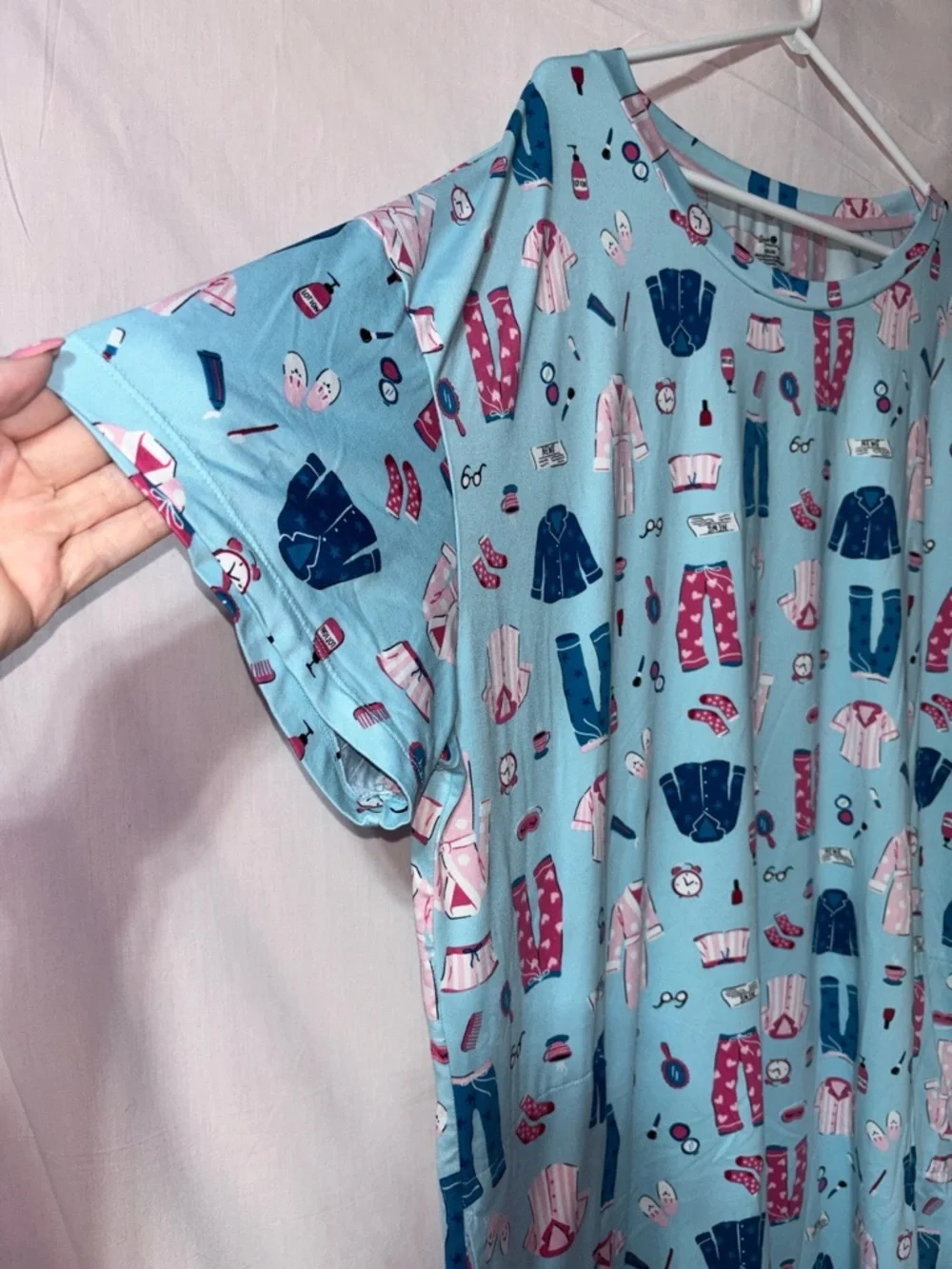 Women’s Light Blue Sleep Shirt Nightgown/House Dress with Pockets - Picture 2 of 11